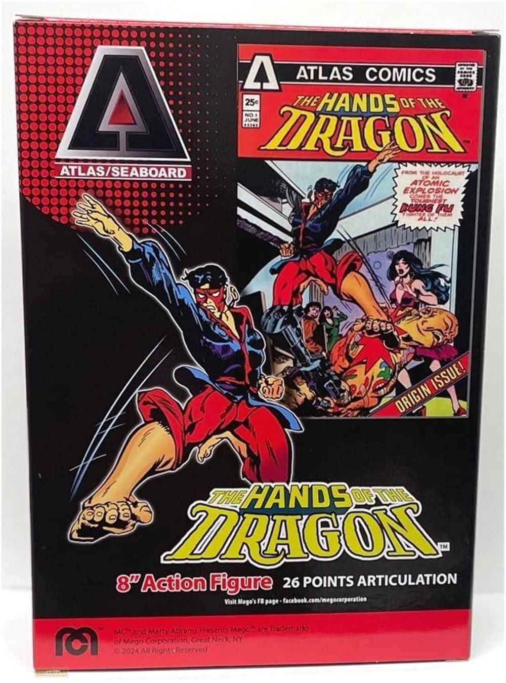 Actionfigur-Verpackung mit Comic-Kunst. Ein Kämpfer in Rot und Blau.
