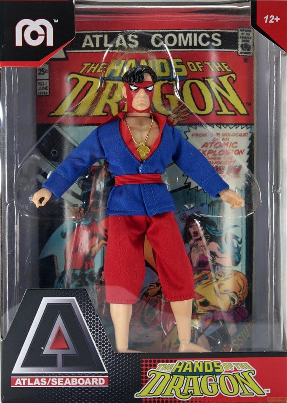 Actionfigur in Verpackung: Mann mit roter Maske, blauem Oberteil und roten Hosen.