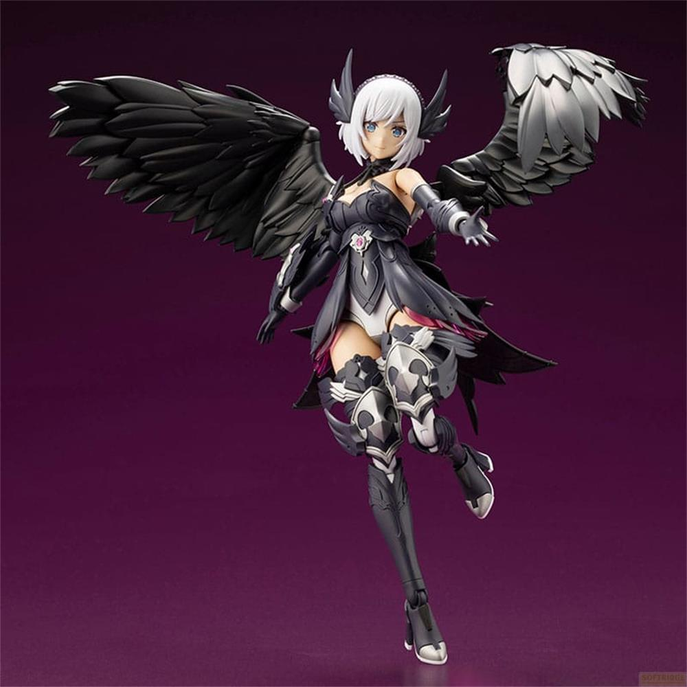 Eine Figur mit schwarzen Flügeln und weißem Haar steht vor einem lila Hintergrund.