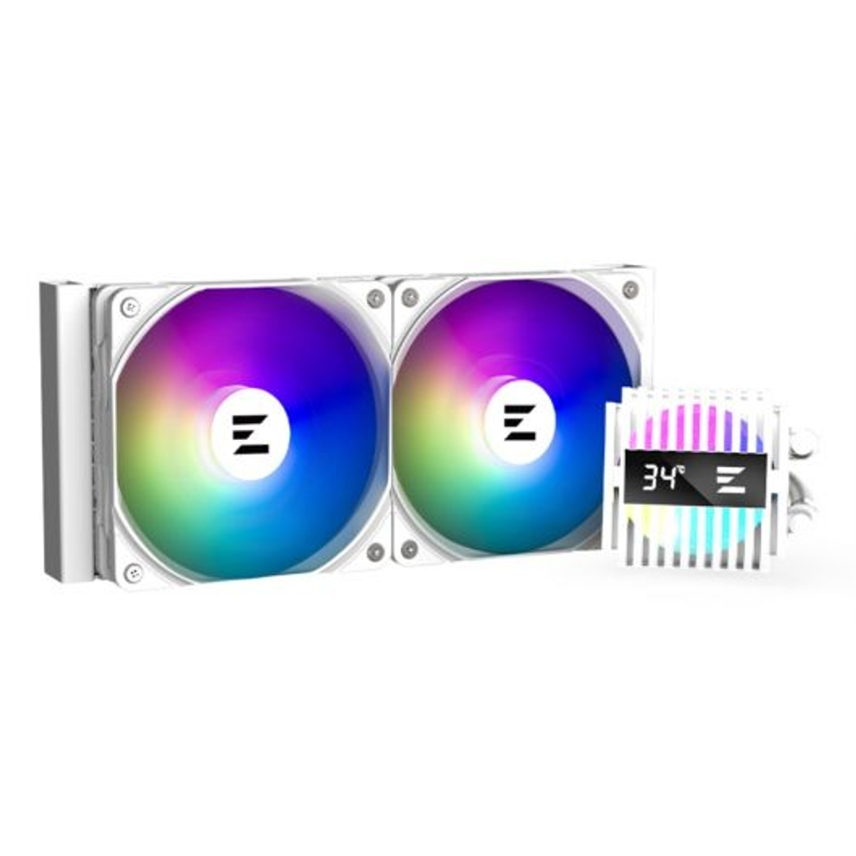 Dos ventiladores RGB y una bomba blanca con pantalla digital de temperatura sobre fondo blanco.