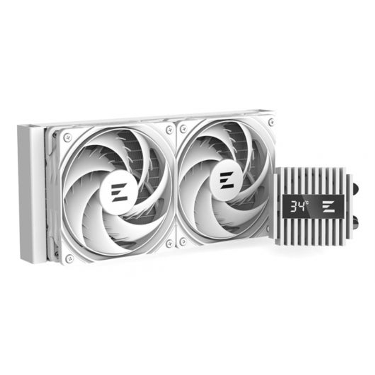 Refrigerador de ordenador blanco con dos ventiladores y pantalla de 34 grados.