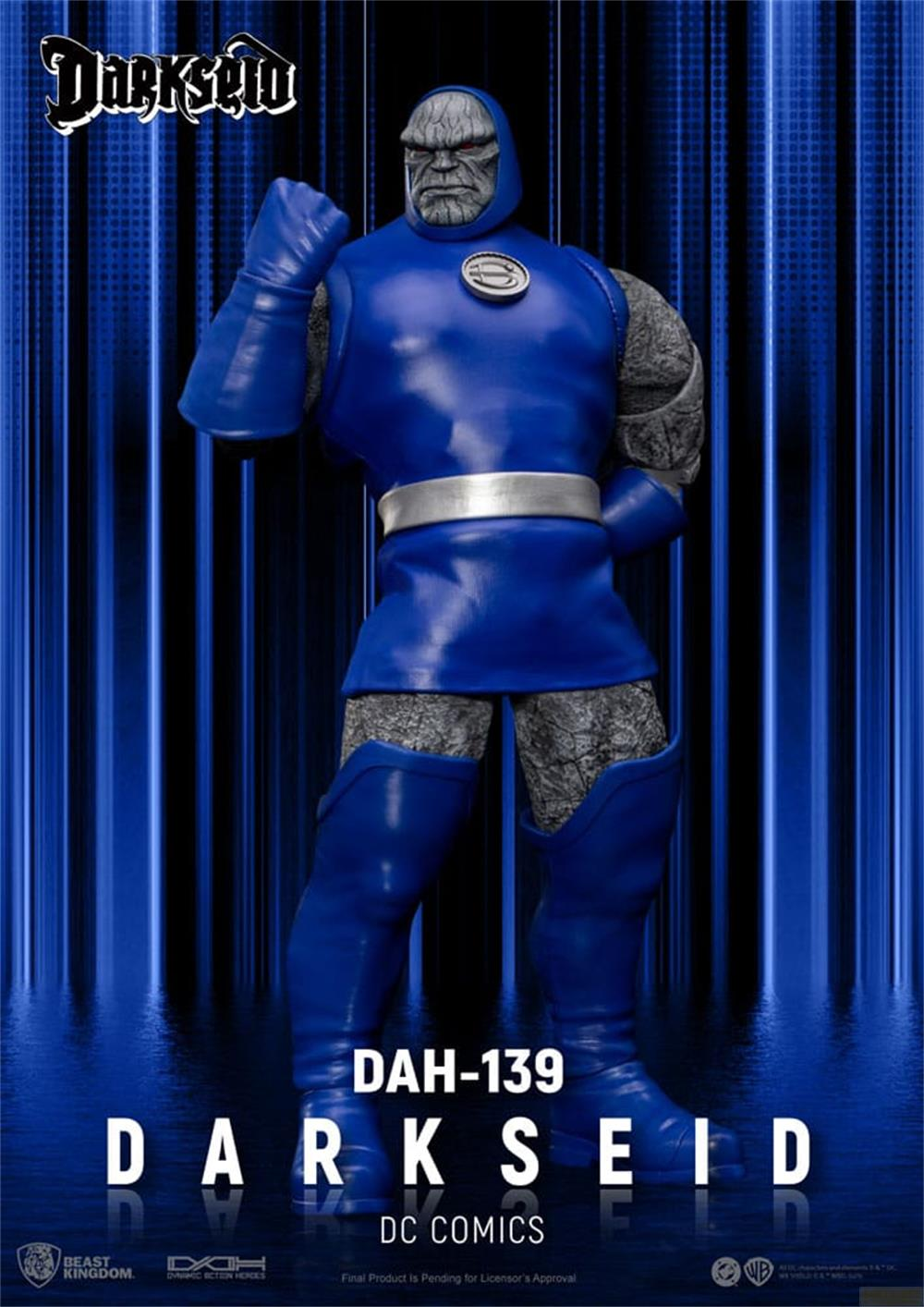 Darkseid-Figur in blauer Rüstung mit grauen Gliedmaßen und gepanzertem Kopf.