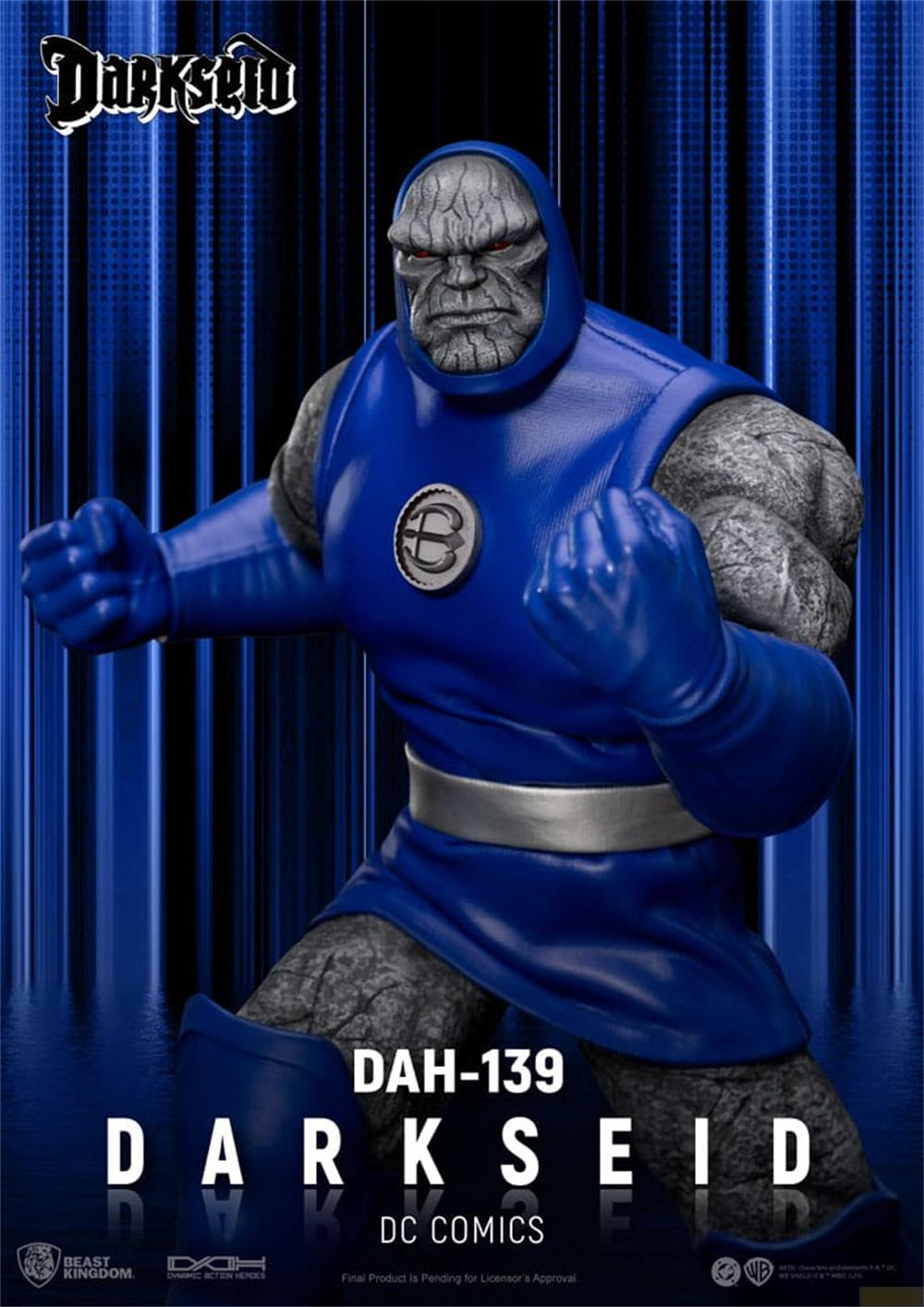 Darkseid in blauer Rüstung mit grauer Haut und roten Augen, vor blauem Hintergrund.