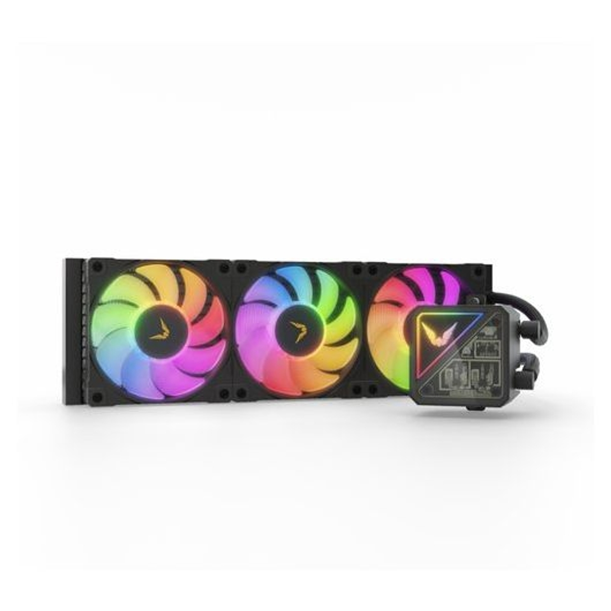 Czarny wentylator komputerowy z trzema wentylatorami RGB i pompą.