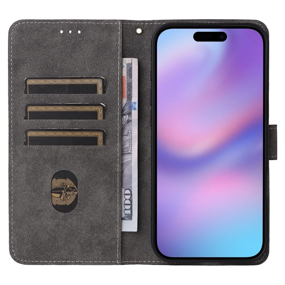 Un portafoglio grigio con telefono, banconota e slot per carte.