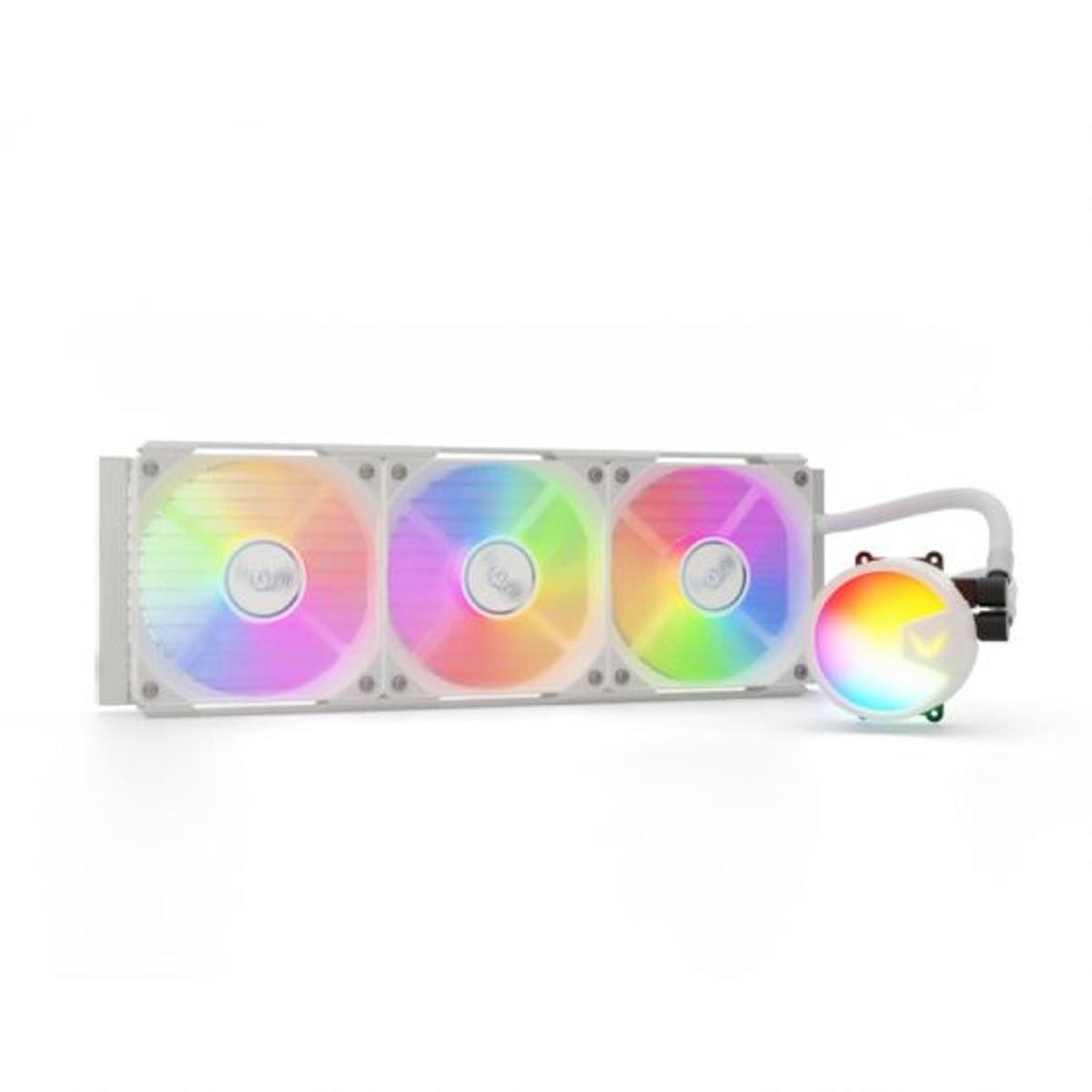 Un enfriador de CPU blanco con tres ventiladores e iluminación RGB.