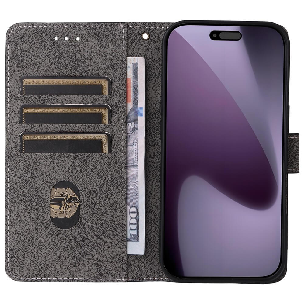 Custodia a libro grigia per telefono con slot per carte e banconota.