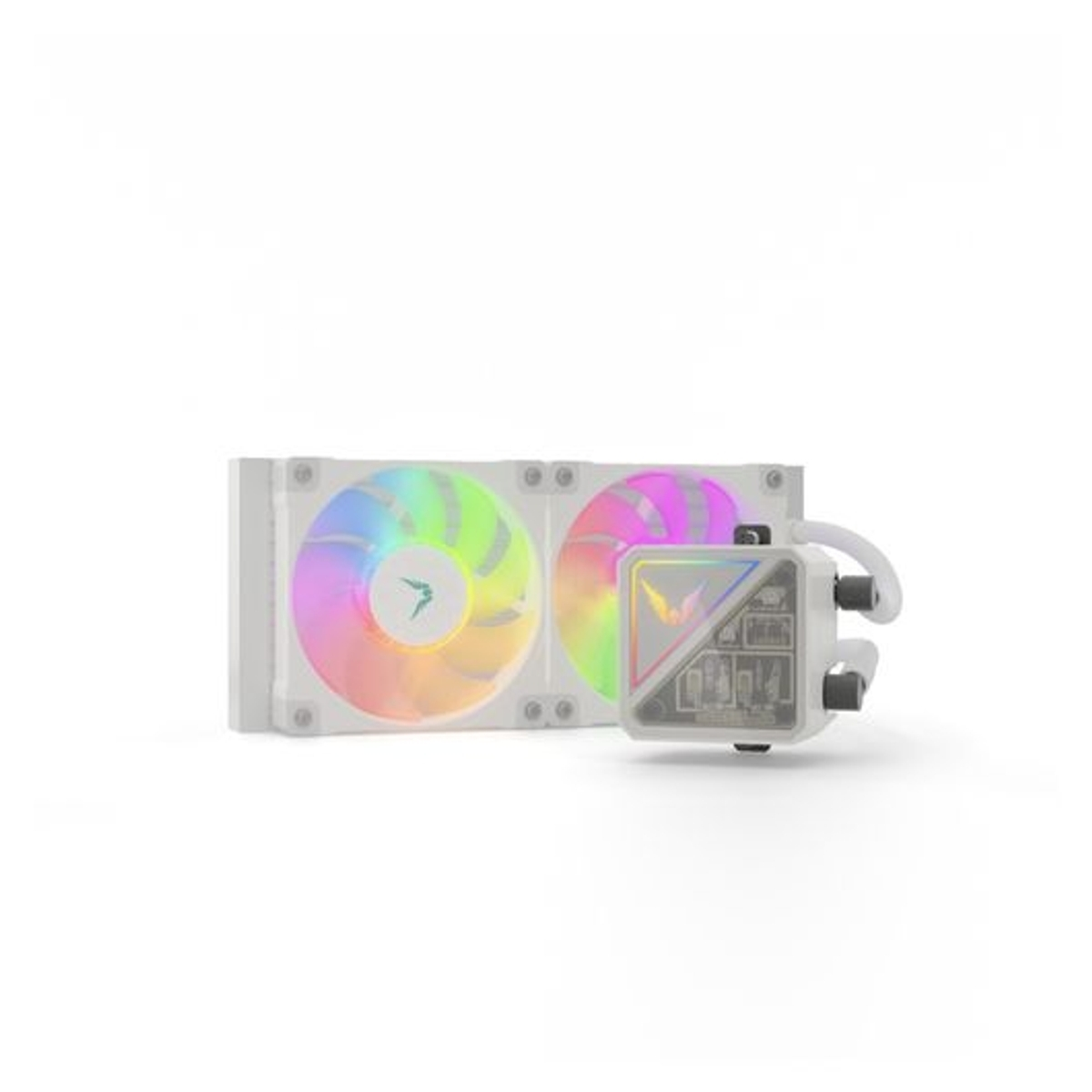 Biała chłodnica CPU z dwoma wentylatorami RGB i przezroczystą obudową pompy.