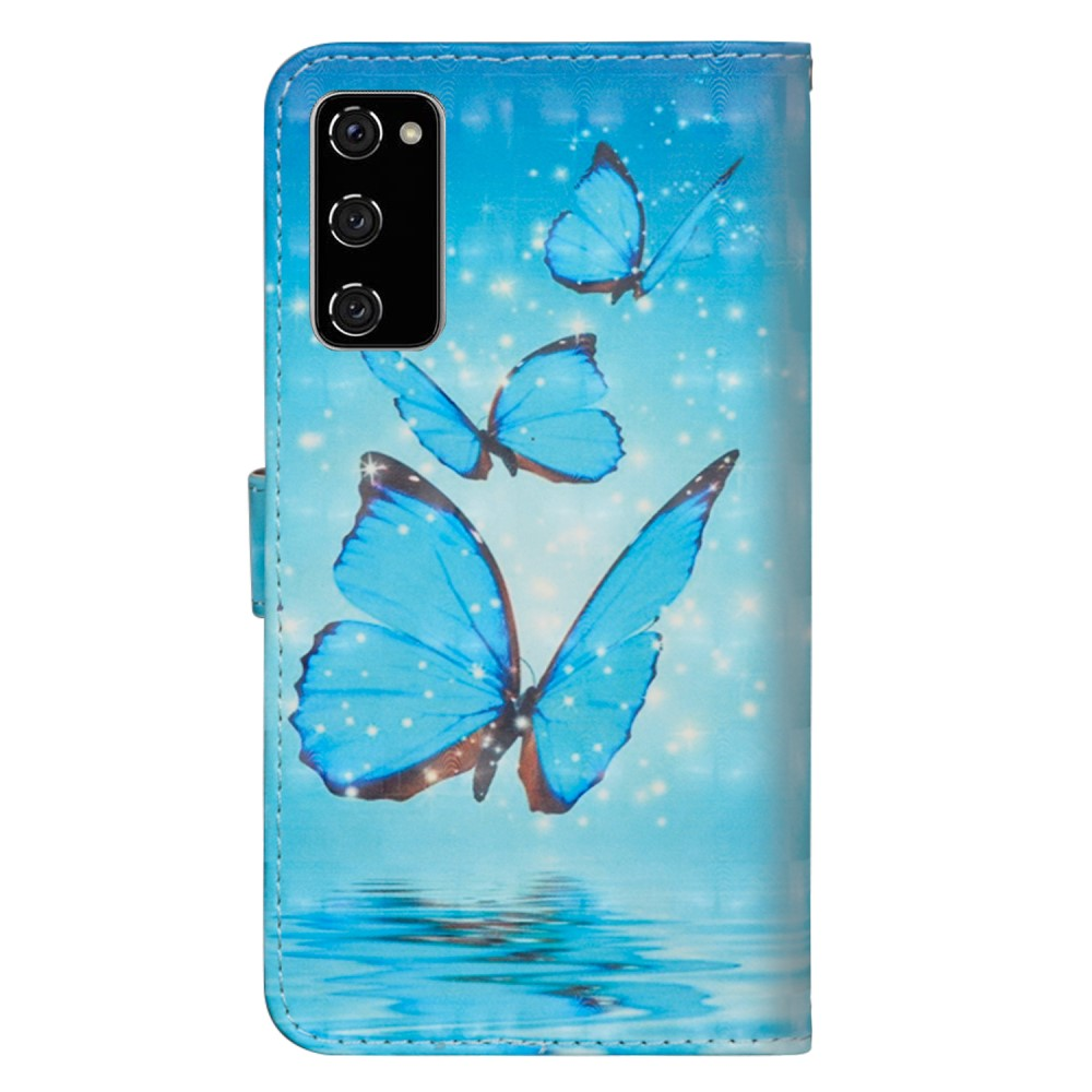 Custodia blu per telefono con farfalle e accenti scintillanti.