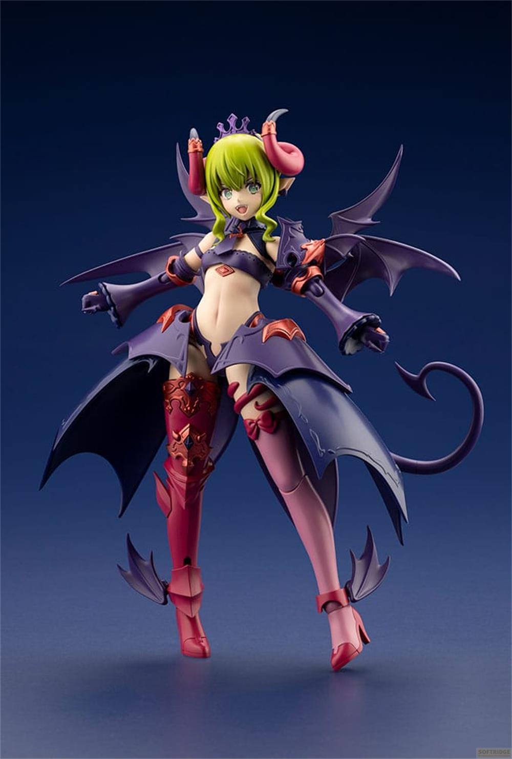Eine Anime-Figur mit grünen Haaren, Hörnern und Flügeln trägt violette und rote Kleidung.
