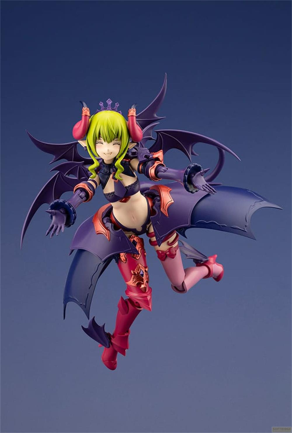 Eine Anime-Figur mit grünen Haaren, Dämonenflügeln und lila Kleidung.