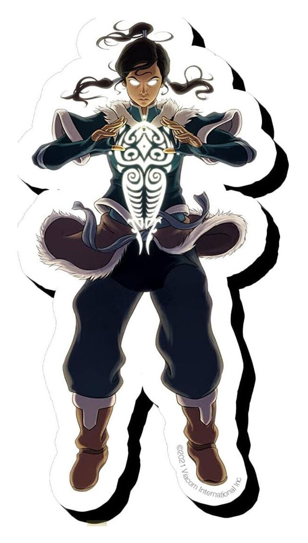 Korra mit leuchtenden Augen formt Energie in einem Symbol.