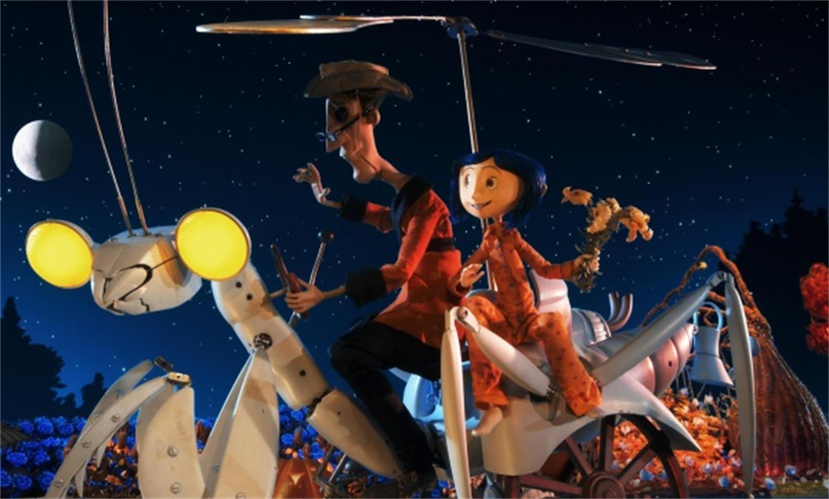 Zwei Figuren auf einem mechanischen Insekt unter einem Sternenhimmel mit Mond.