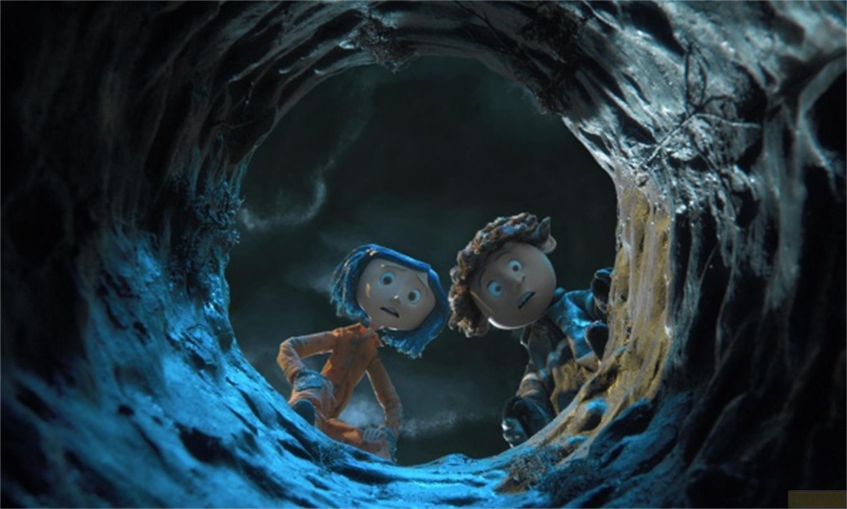 Zwei animierte Kinder mit großen Augen blicken aus einer dunklen Höhle.