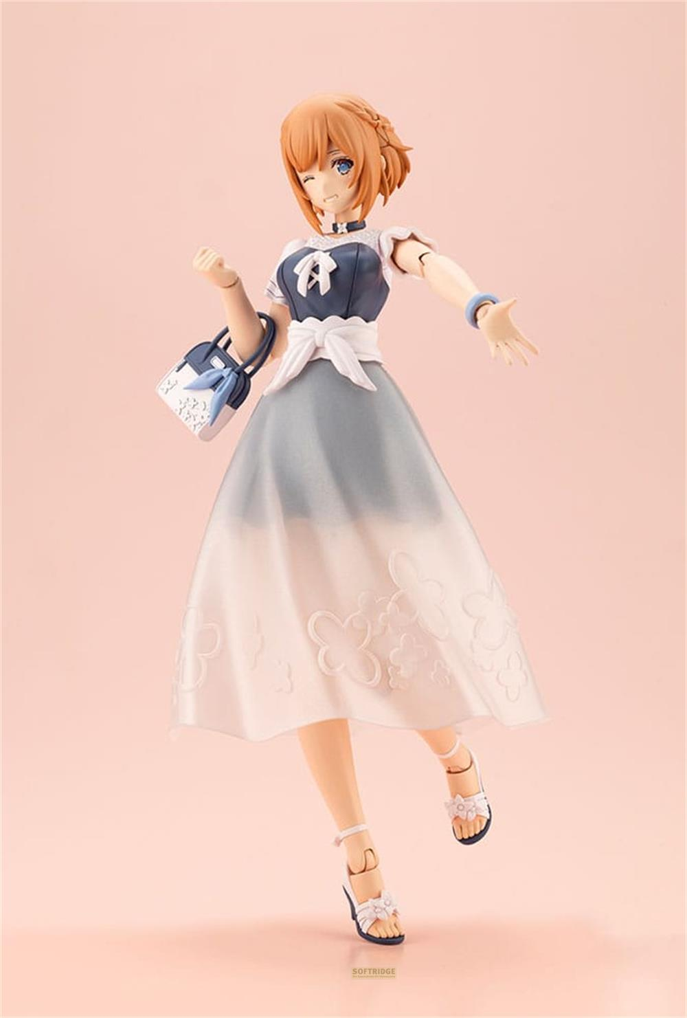 Eine Figur mit orangefarbenem Haar, die ein blau-weißes Kleid und weiße Sandalen trägt.