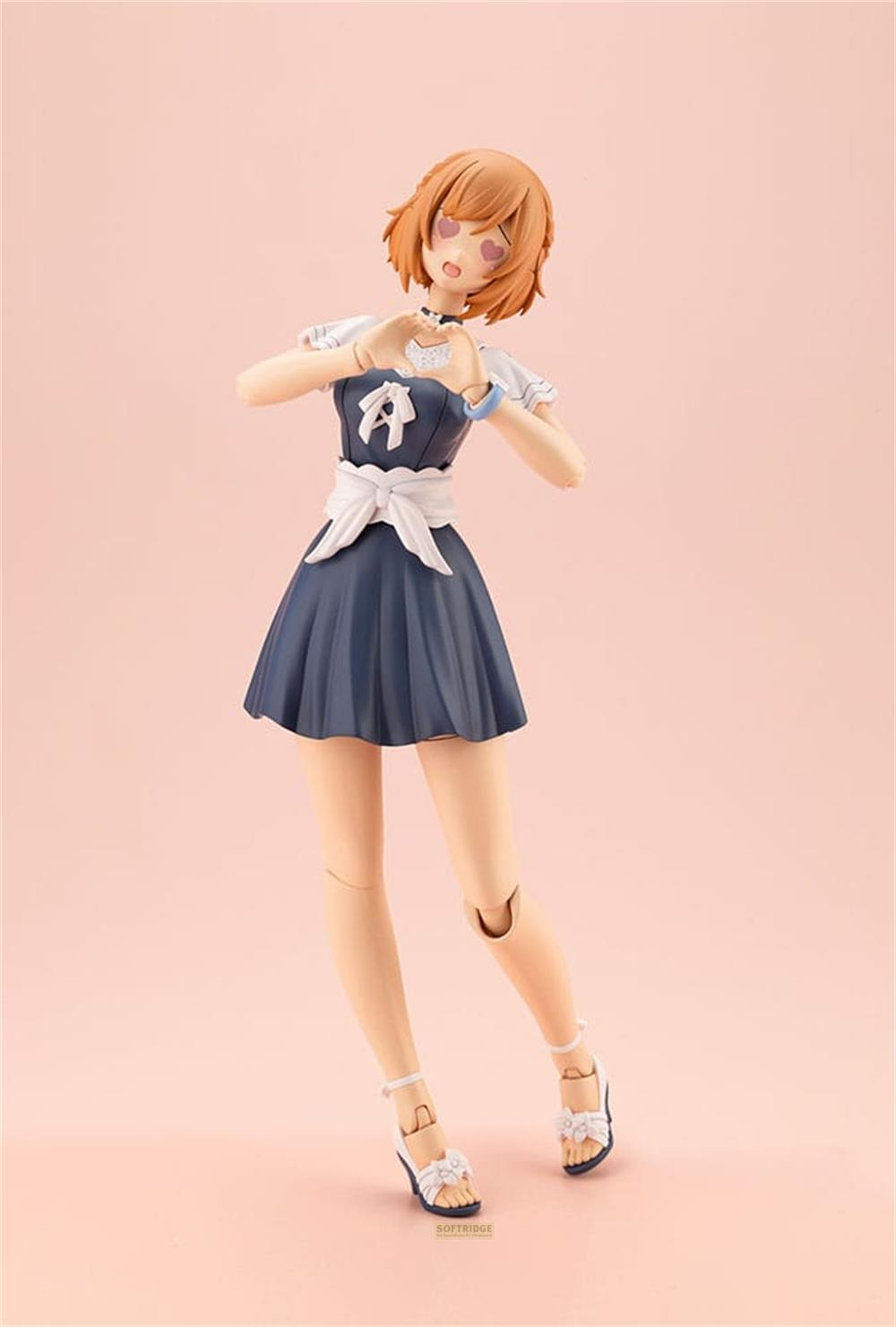 Eine Figur mit orangefarbenem Haar trägt ein blaues Kleid mit weißer Schürze und macht eine Herzform mit den Händen.