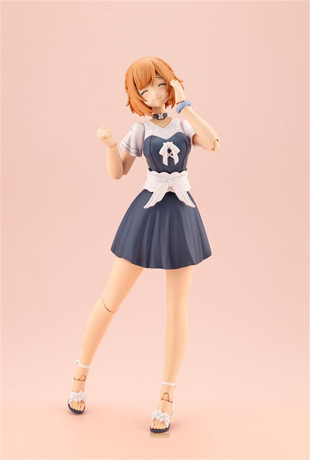 Anime-Figur einer jungen Frau mit kurzen braunen Haaren in einem blauen Kleid mit weißer Schleife.