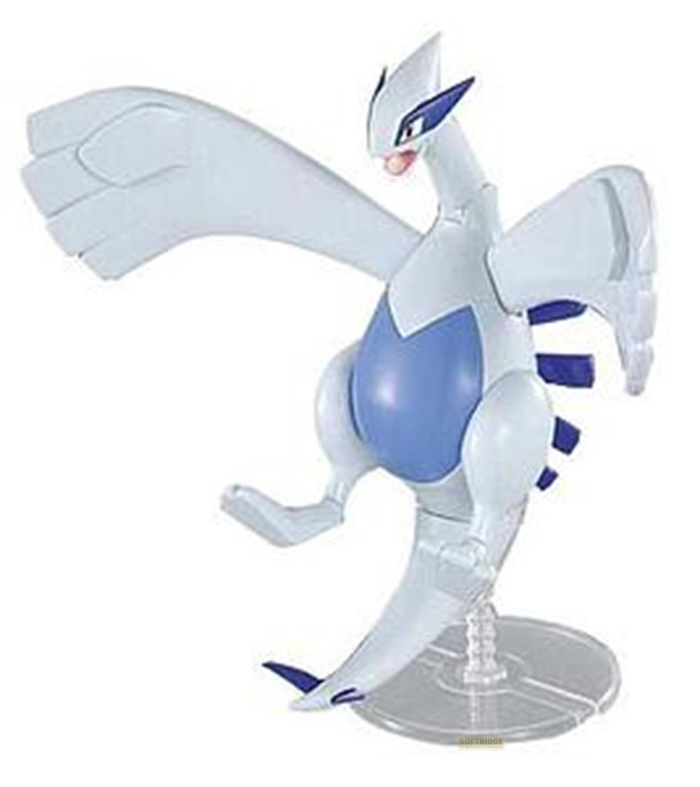 Eine weiße und blaue Figur eines Pokémon, die auf einem durchsichtigen Ständer steht.