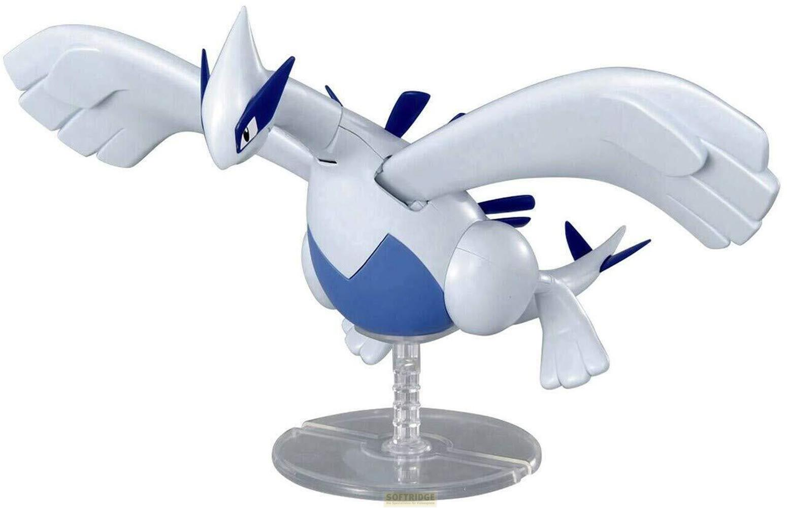 Weiße und blaue Pokémon-Figur auf einem transparenten Ständer.