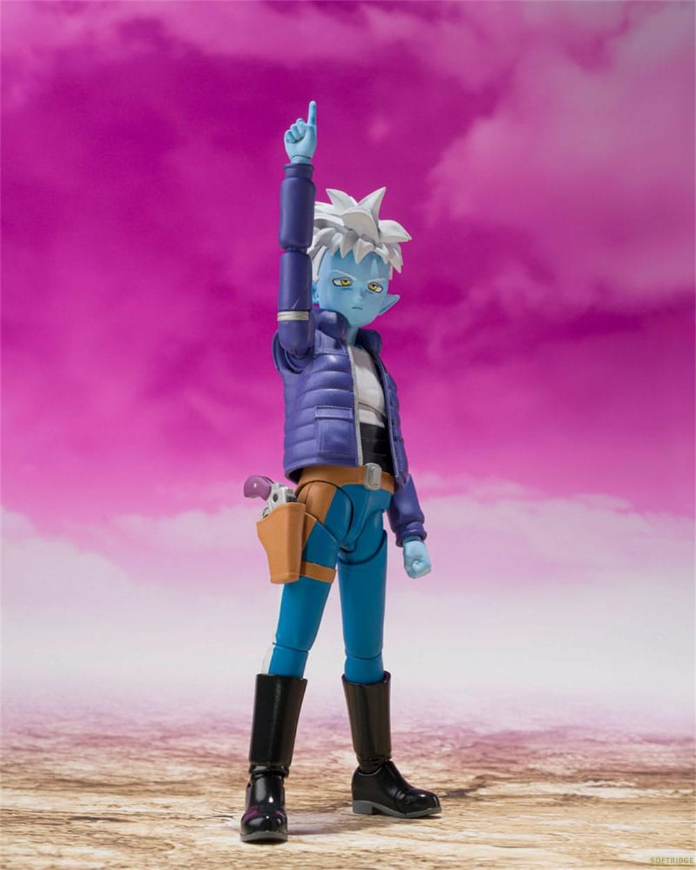 Eine blaue Figur mit weißen Haaren zeigt auf einen rosa Himmel.
