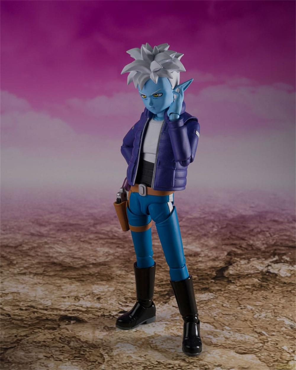 Blauer Charakter mit weißem Haar, blauem Outfit und brauner Pistole.