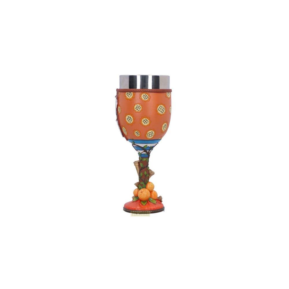 Ein dekorativer Kelch mit einem stilisierten Baumstamm-Fuß, der Orangen trägt.