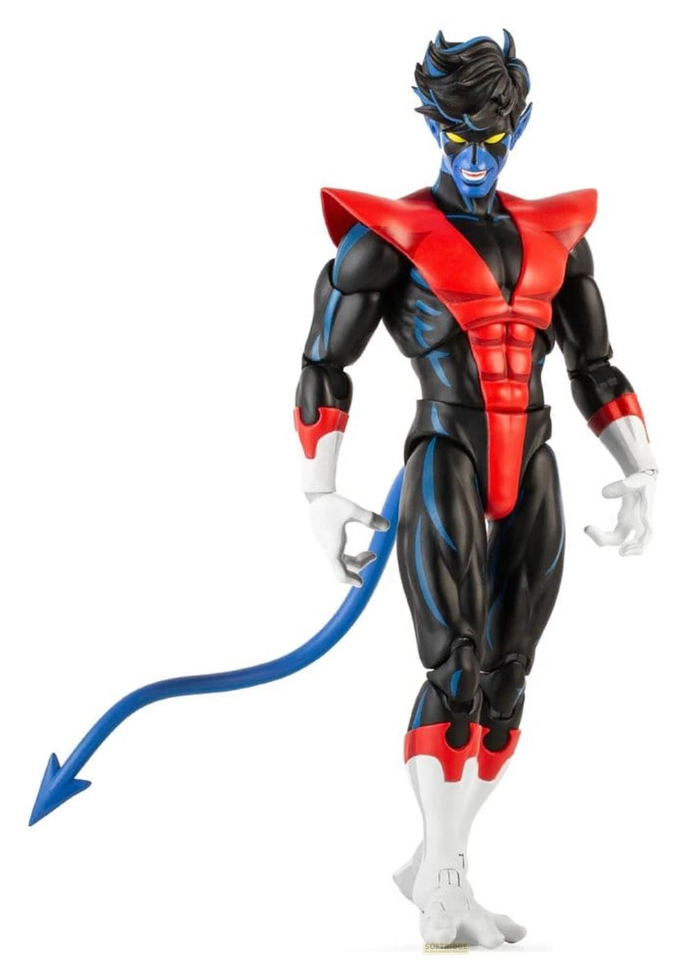 Eine Actionfigur von Nightcrawler mit blauem Teint, schwarzem Anzug, roten Akzenten und einem blauen Schwanz.