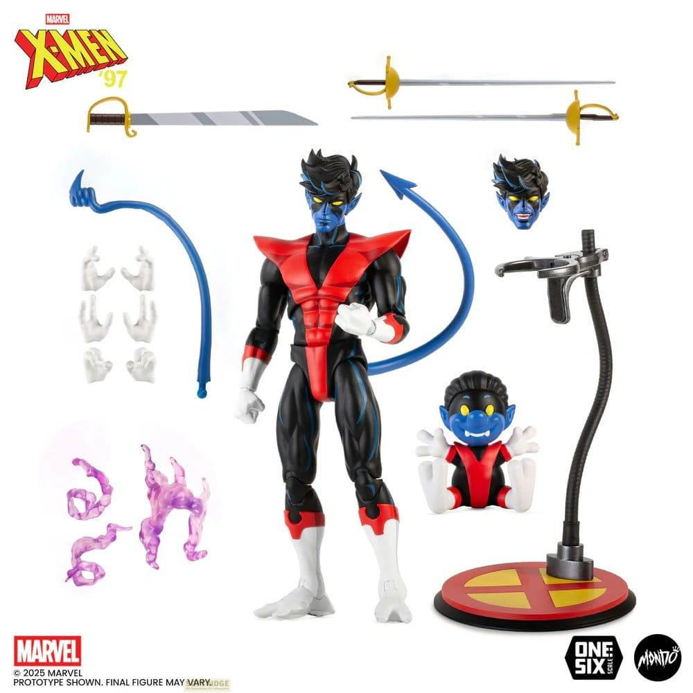 Nightcrawler-Figur mit Zubehör: Schwerter, Hände, Teleport-Effekte, Ständer.