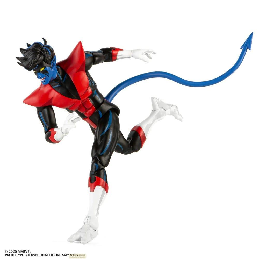 Eine blauhäutige Figur in Rot, Schwarz und Weiß mit einem blauen Schwanz