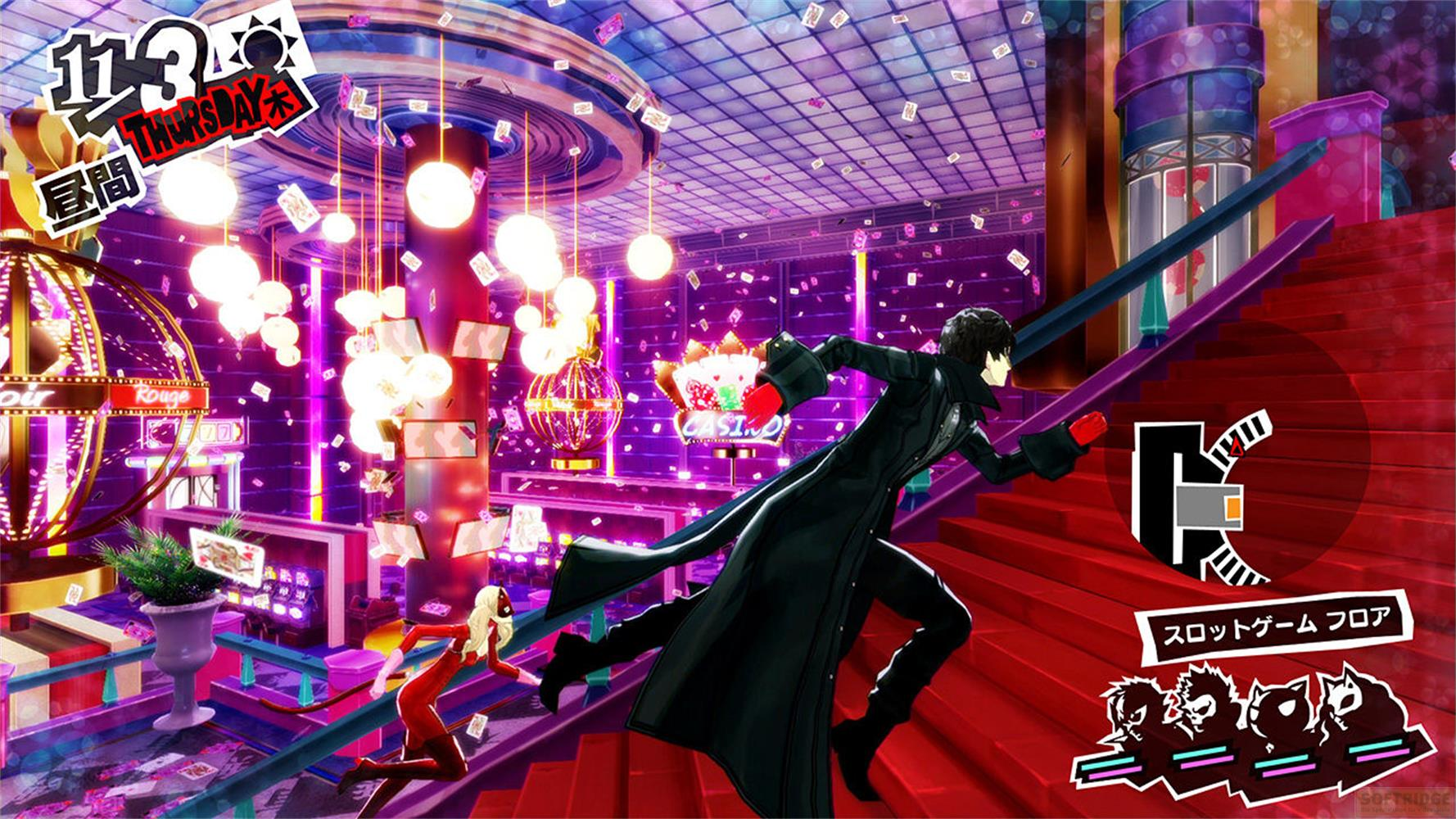 Un uomo in un cappotto nero corre su scale rosse in un casinò con carte da gioco.