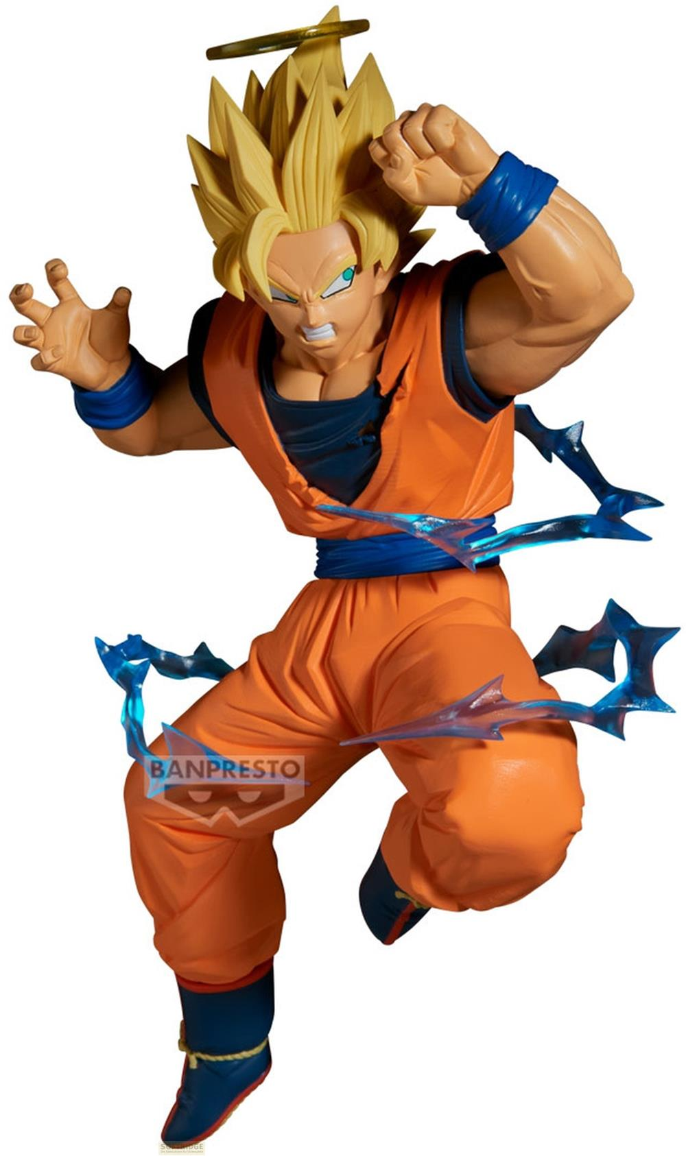 Eine Figur von Goku in einem dynamischen Sprung, mit gelben Haaren und orangefarbener Kleidung.
