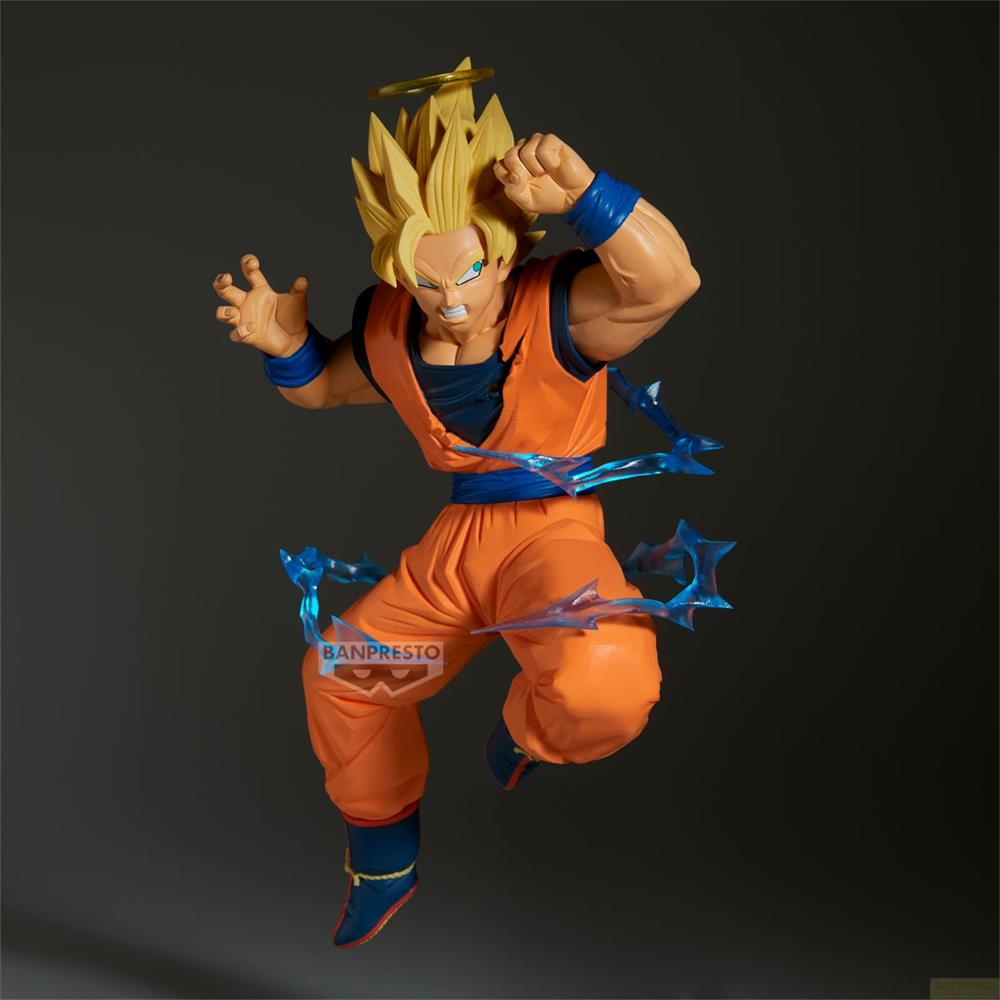 Eine Figur von Goku mit gelben Haaren und einem Heiligenschein, in orangefarbener Kleidung.