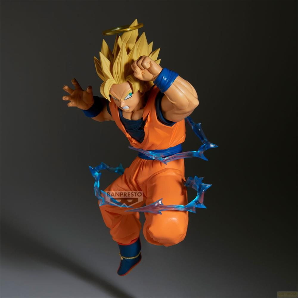 Goku-Figur in orangefarbener Kleidung, mit Heiligenschein und blauen Energiewellen.