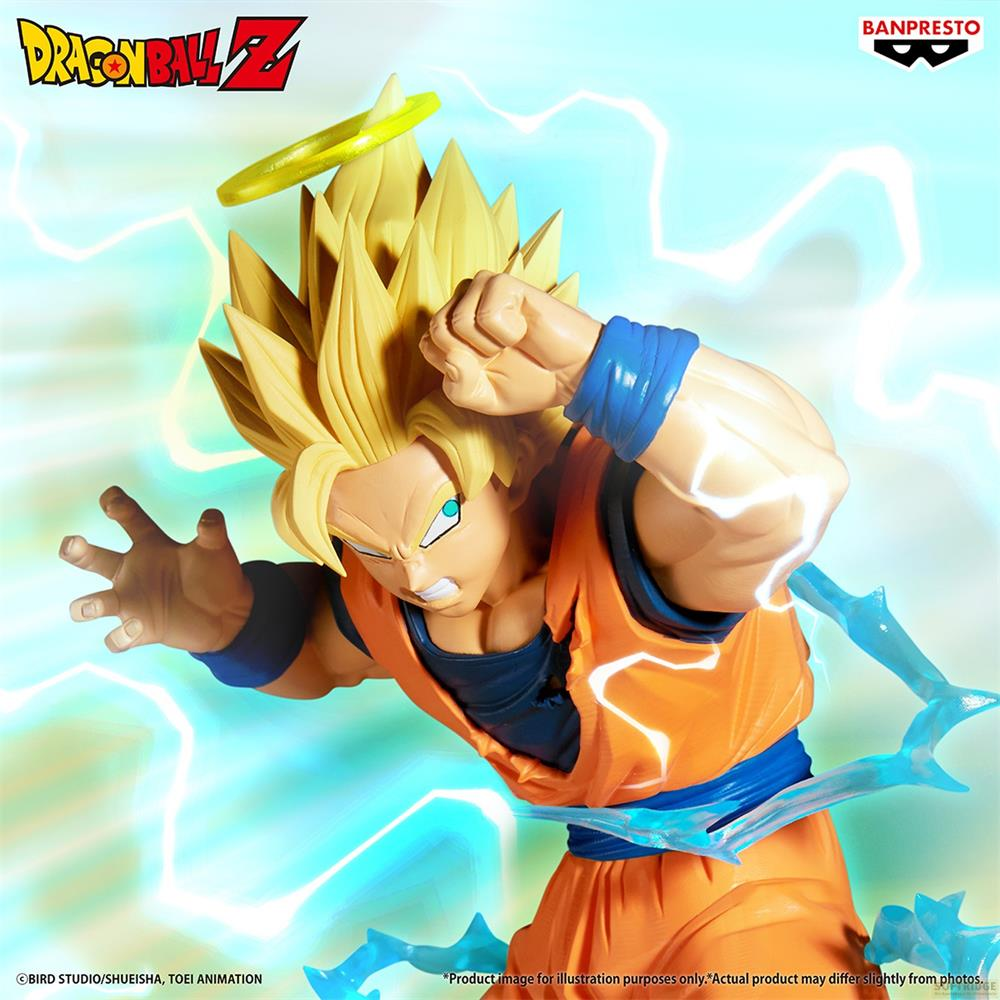 Goku-Figur in Aktion mit gelben Haaren, orangefarbenem Anzug und blauen Akzenten.