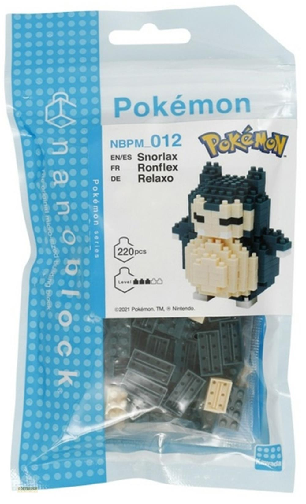 Nanoblock-Verpackung mit Snorlax-Bausatz. Enthält 220 Teile.