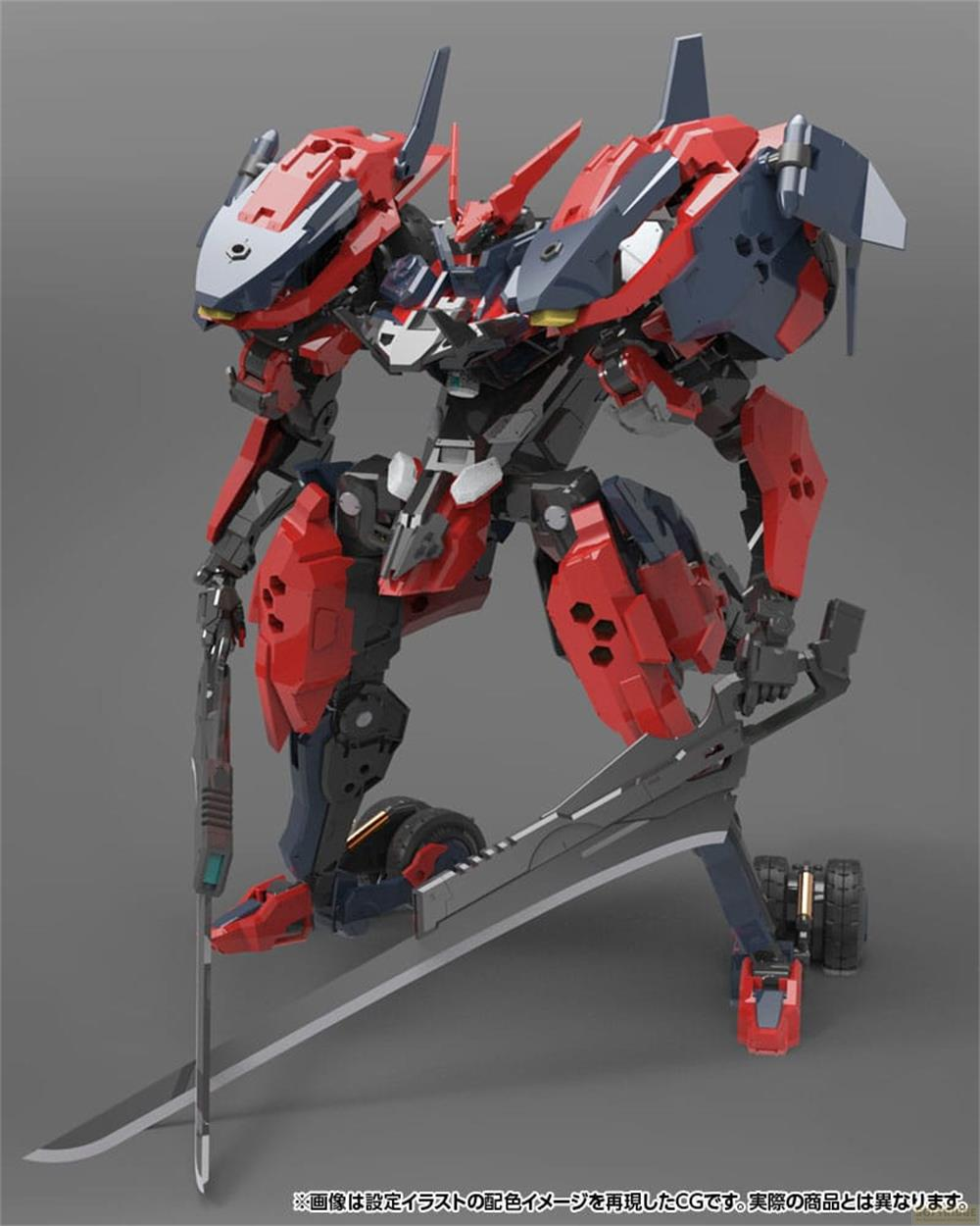 Ein roter und blauer Mech mit einem Schwert und einer Waffe auf grauem Hintergrund.