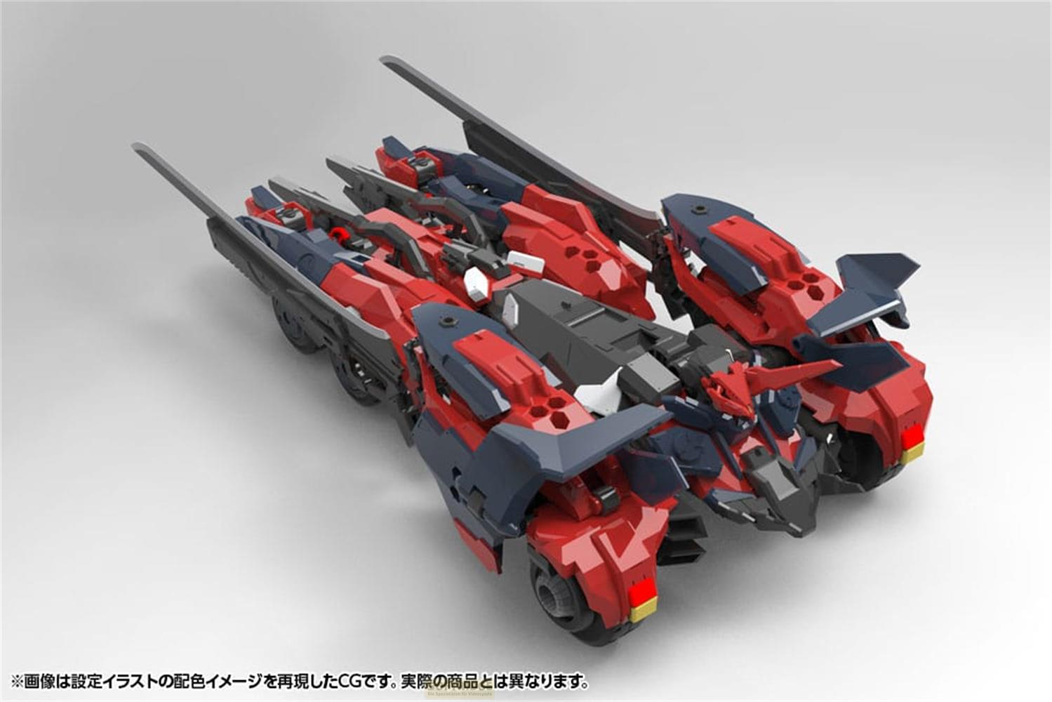 Ein rotes und blaues futuristisches Fahrzeug mit mehreren Rädern und Flügeln.