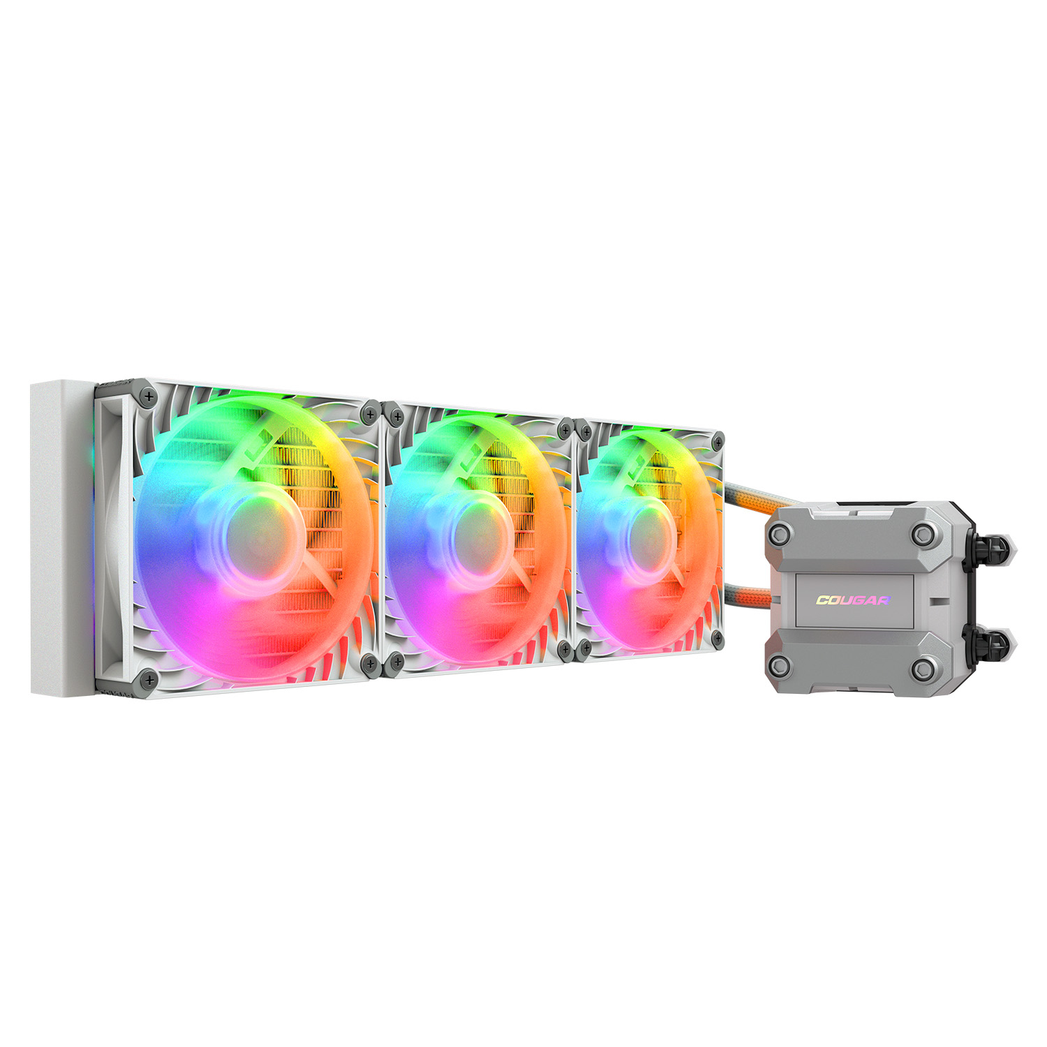 Een witte vloeistofkoeler voor computers met drie RGB-ventilatoren en een grijze pomp.