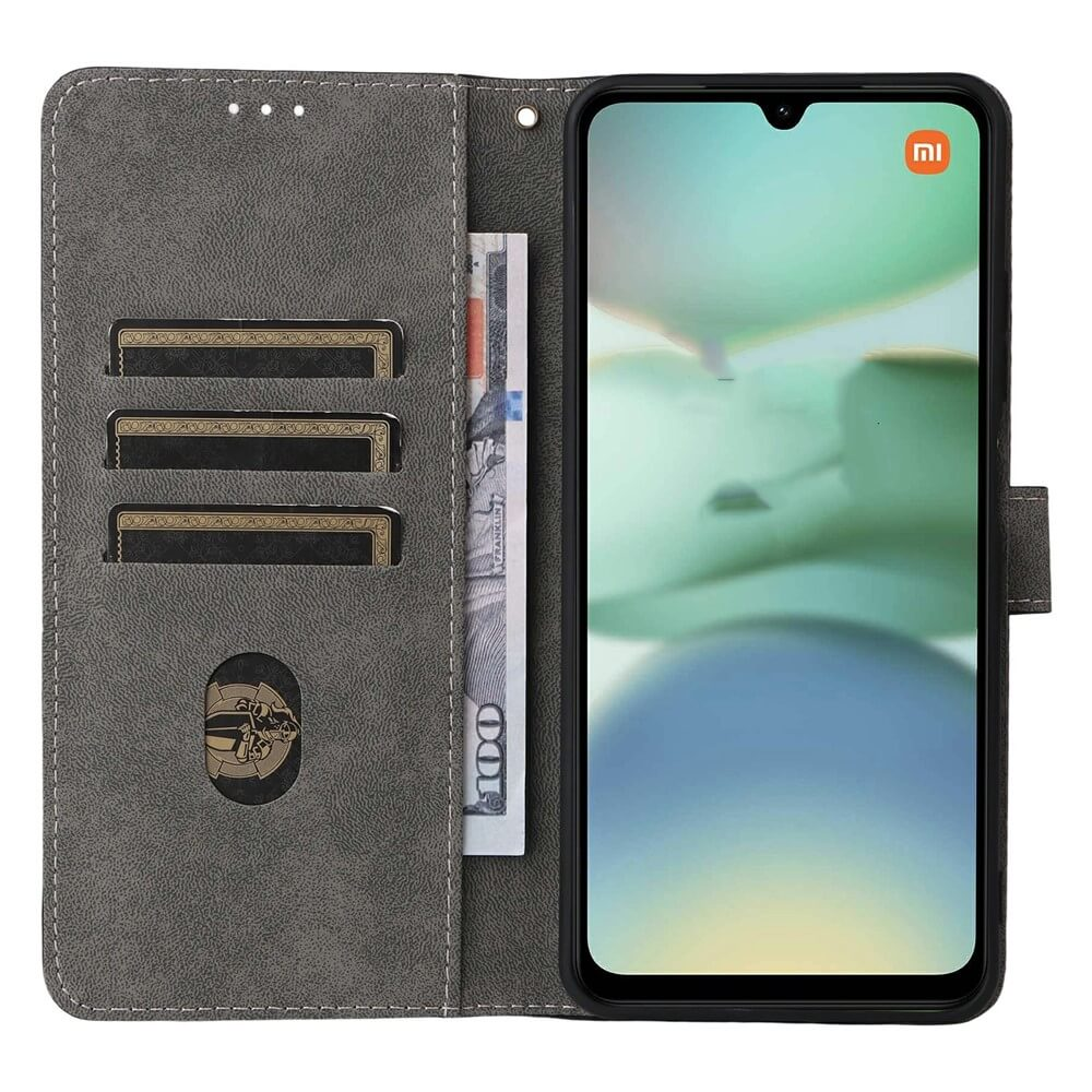 Custodia grigia per telefono con slot per carte e banconota. Smartphone con logo Mi.