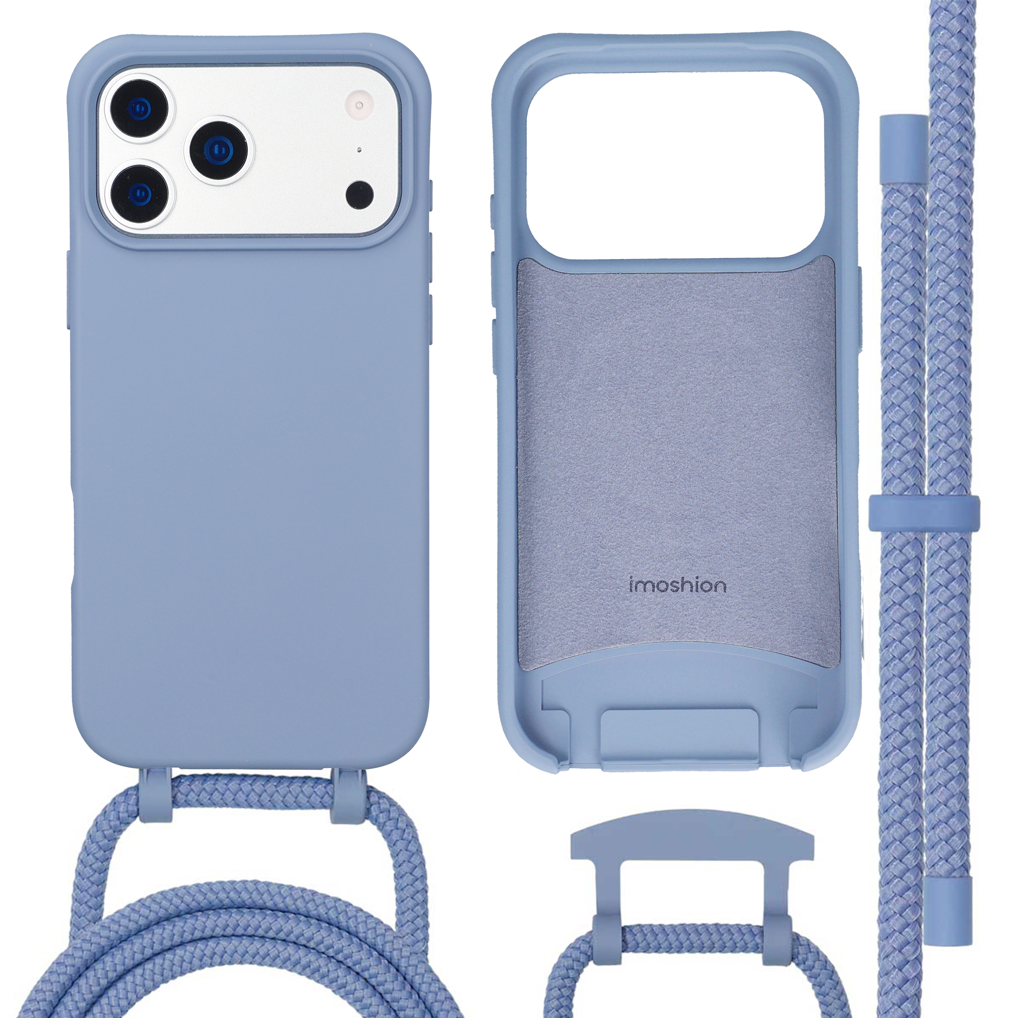 Blauw telefoonhoesje met camerabescherming en draagkoord. Binnenvak met logo.