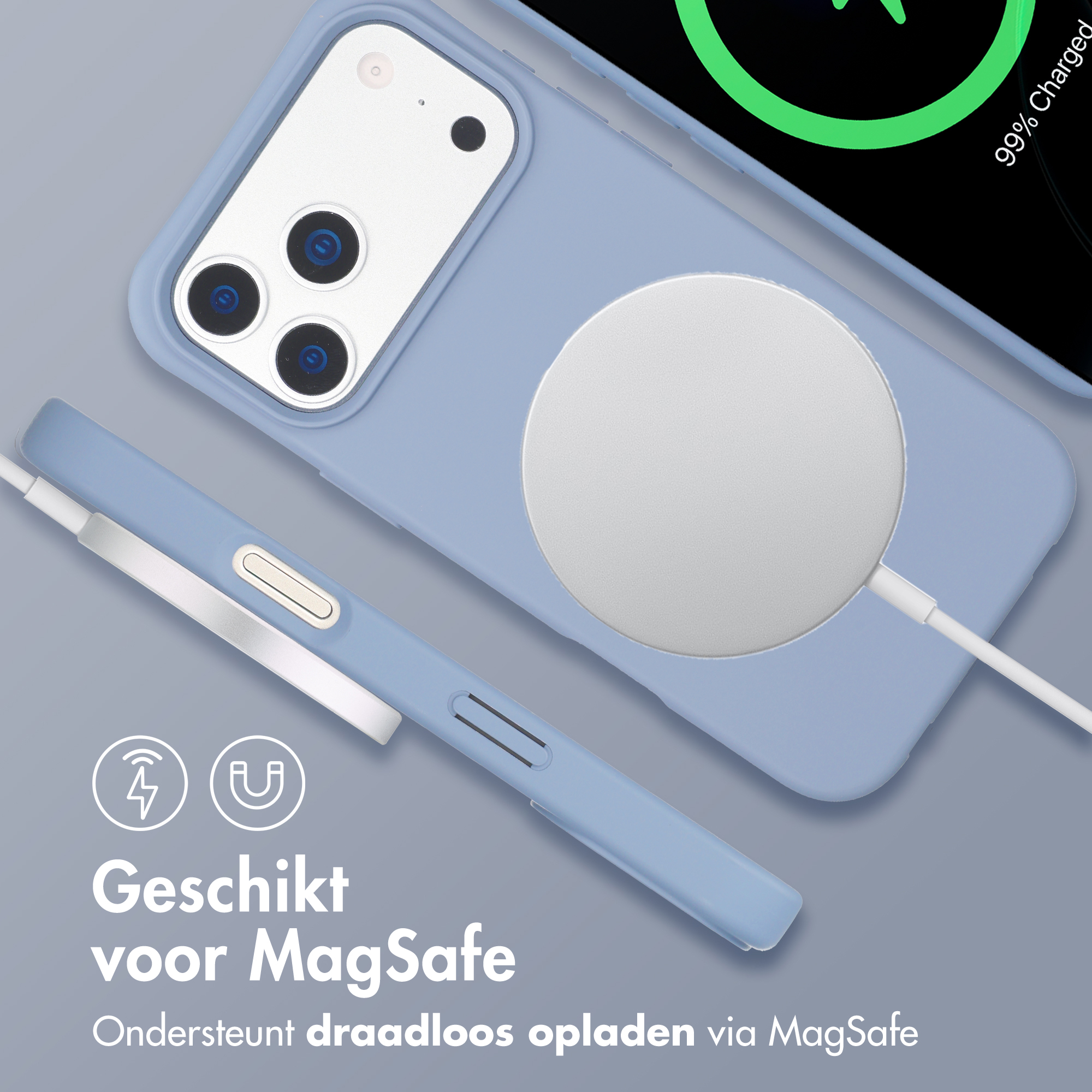 Een blauwe iPhone met MagSafe hoes en oplader.