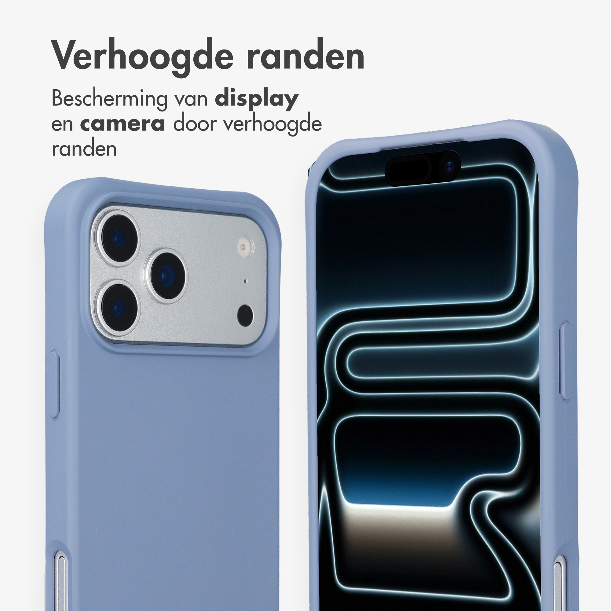 Een blauwe telefoonhoes beschermt de camera en het display.