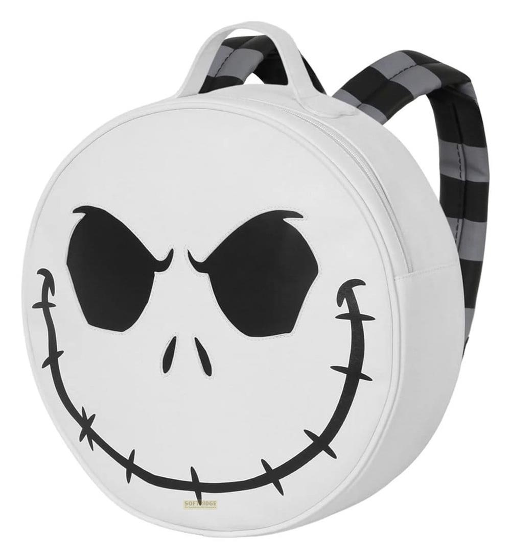 Ein weißer Rucksack mit Jack Skellingtons Gesicht und schwarz-grauen Trägern.