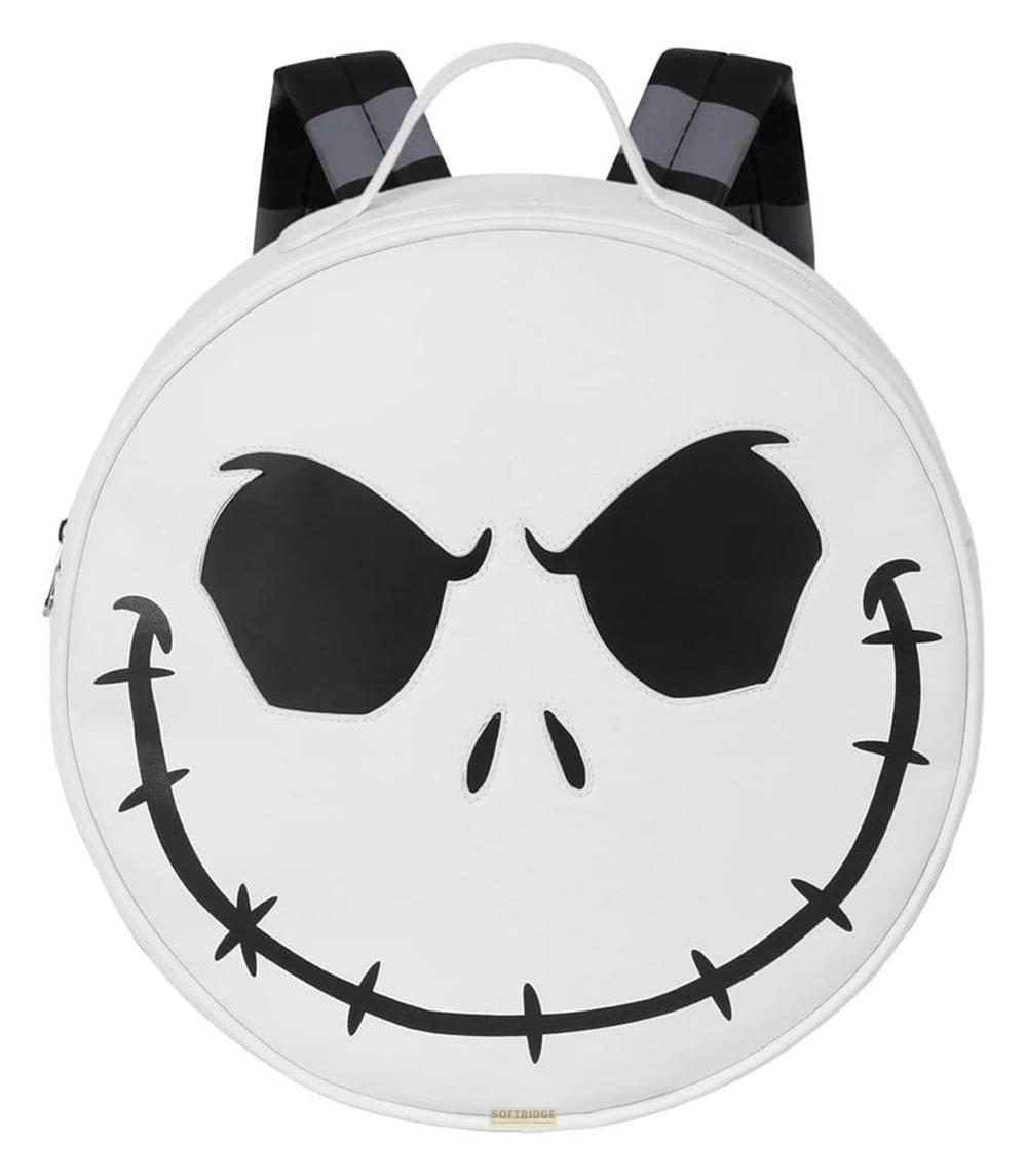 Ein weißer, runder Rucksack mit Jack Skellingtons Gesicht, karierten Trägern.