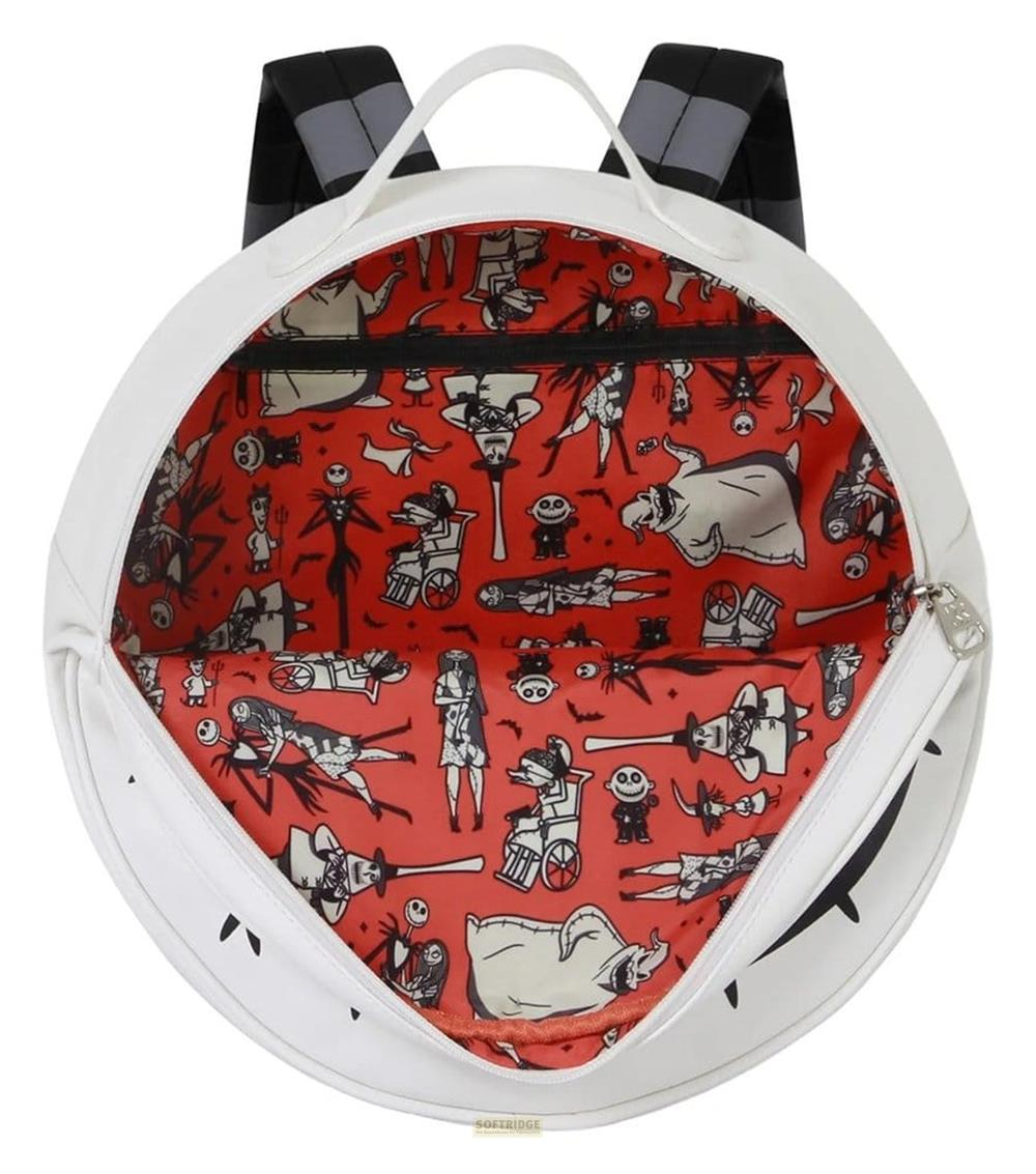 Rucksack mit Jack Skellington-Motiv, innen rot mit schwarzen Figuren.