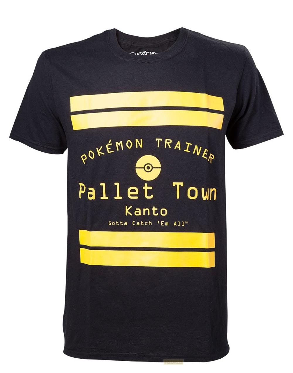 Schwarzes T-Shirt mit gelbem Pokémon-Aufdruck: Pokémon Trainer, Pallet Town, Kanto.