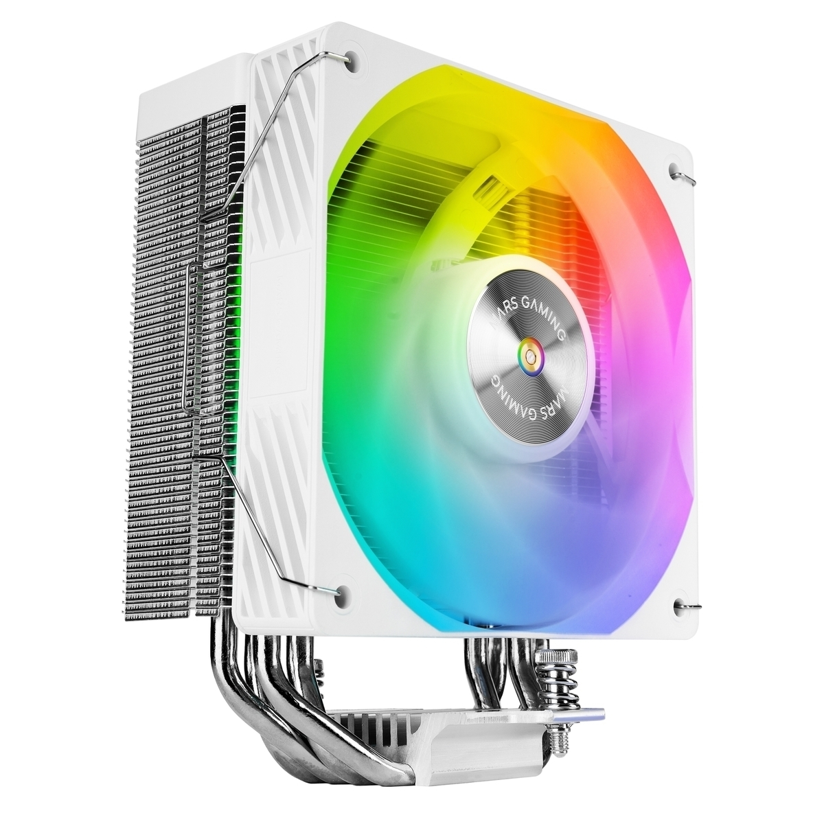 Un dissipatore CPU bianco con ventola illuminata arcobaleno e heatpipe argentate.
