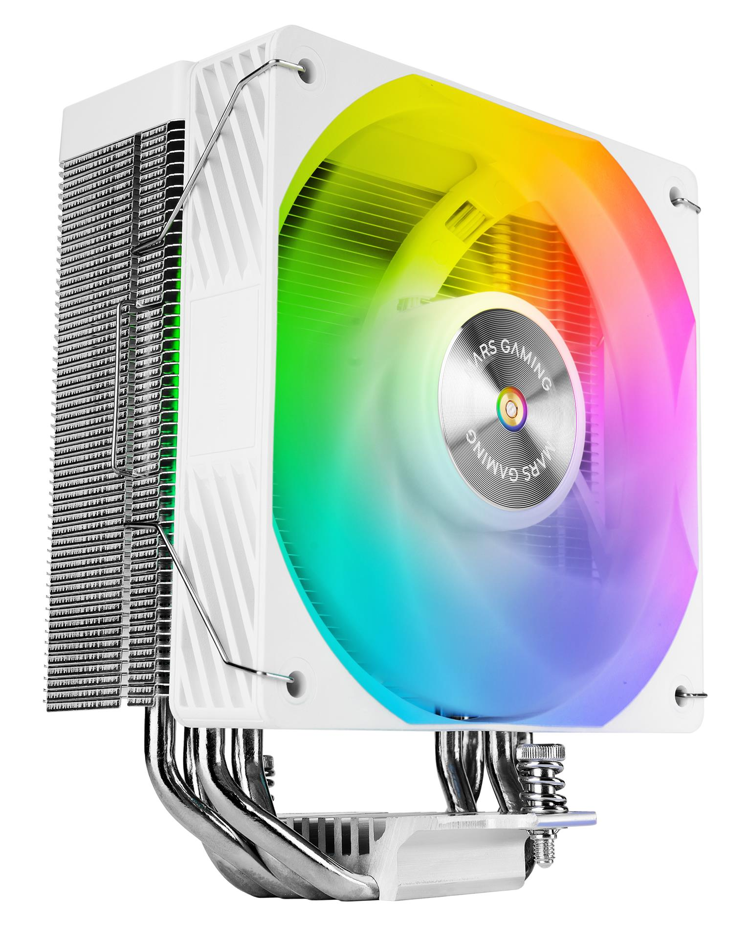 Un dissipatore CPU bianco con ventola RGB e heatpipe argentate.