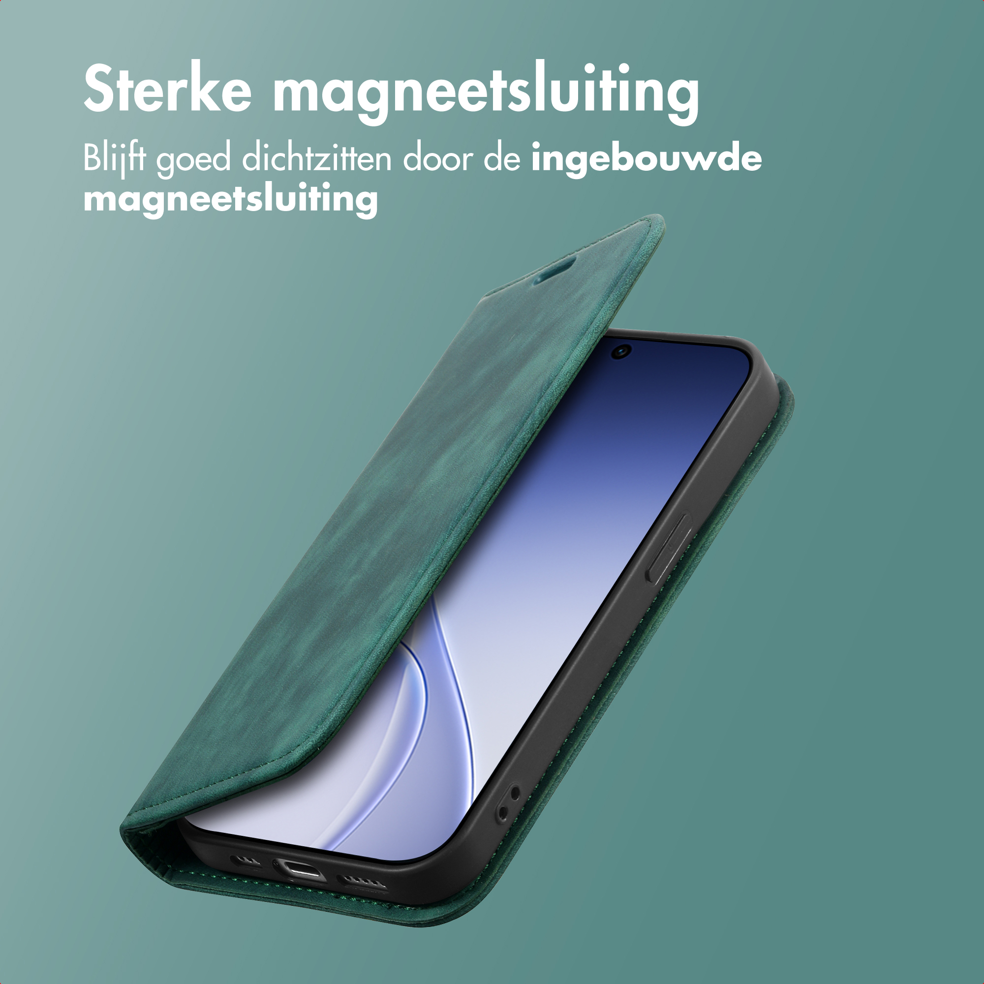 Una custodia verde per telefono con chiusura magnetica si apre su uno smartphone.