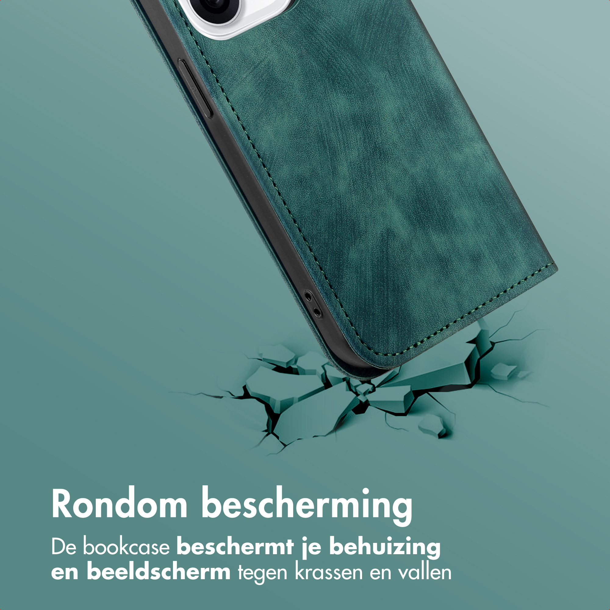 Custodia verde per telefono che sfonda il pavimento. Render 3D.